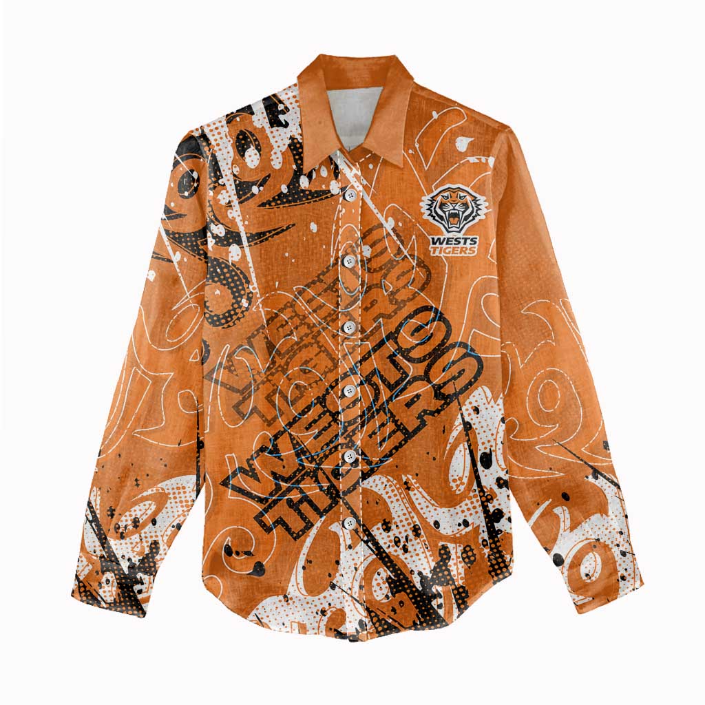 Personalized Wests Tigers Rugby Women Casual Shirt Urban Street Graffiti Style - Distressed Splatter Elements