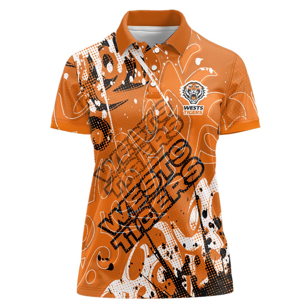 Personalized Wests Tigers Rugby Women Polo Shirt Urban Street Graffiti Style - Distressed Splatter Elements