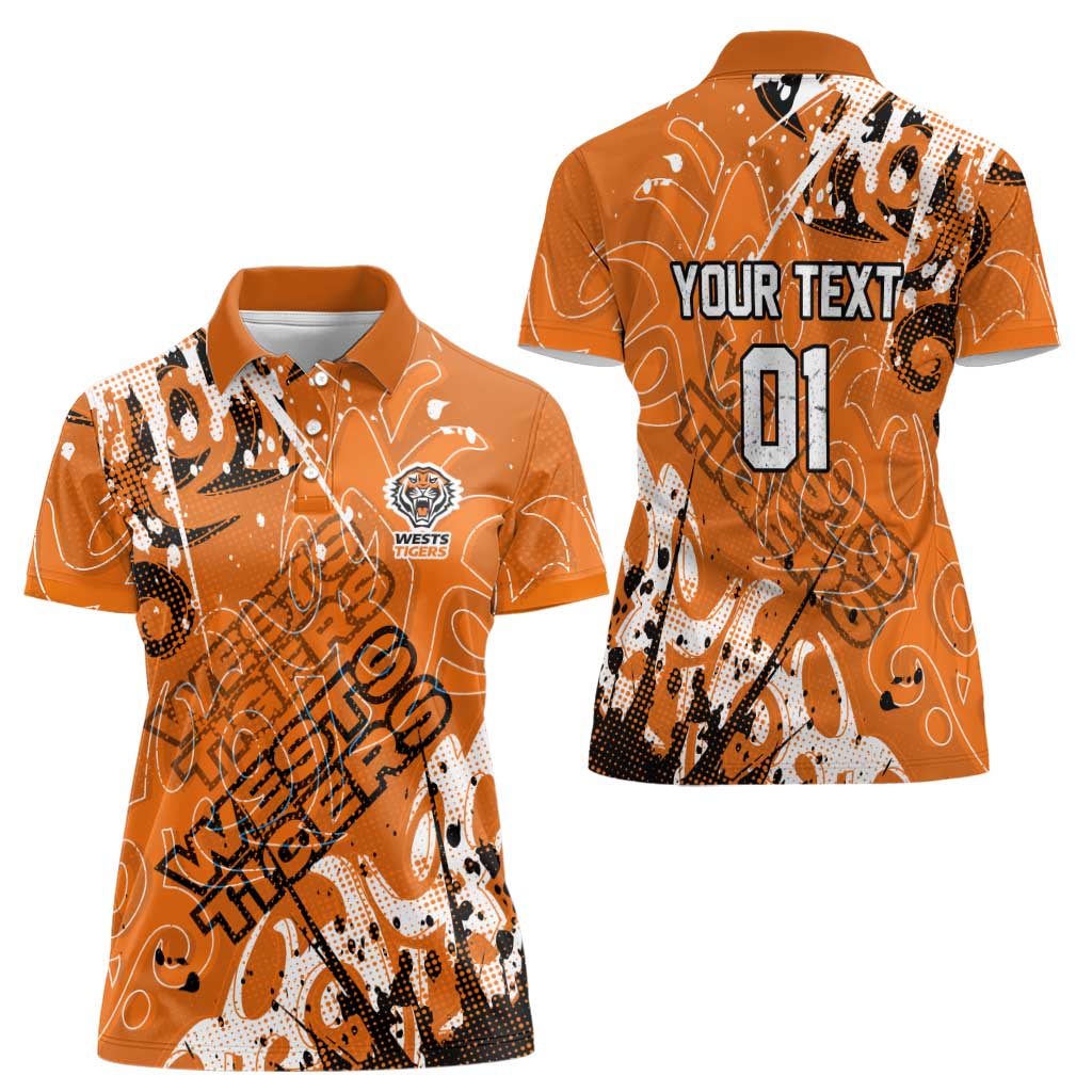 Personalized Wests Tigers Rugby Women Polo Shirt Urban Street Graffiti Style - Distressed Splatter Elements