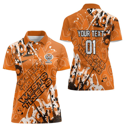 Personalized Wests Tigers Rugby Women Polo Shirt Urban Street Graffiti Style - Distressed Splatter Elements
