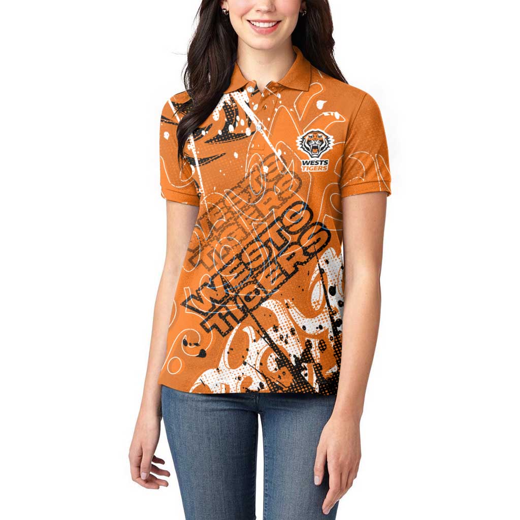 Personalized Wests Tigers Rugby Women Polo Shirt Urban Street Graffiti Style - Distressed Splatter Elements