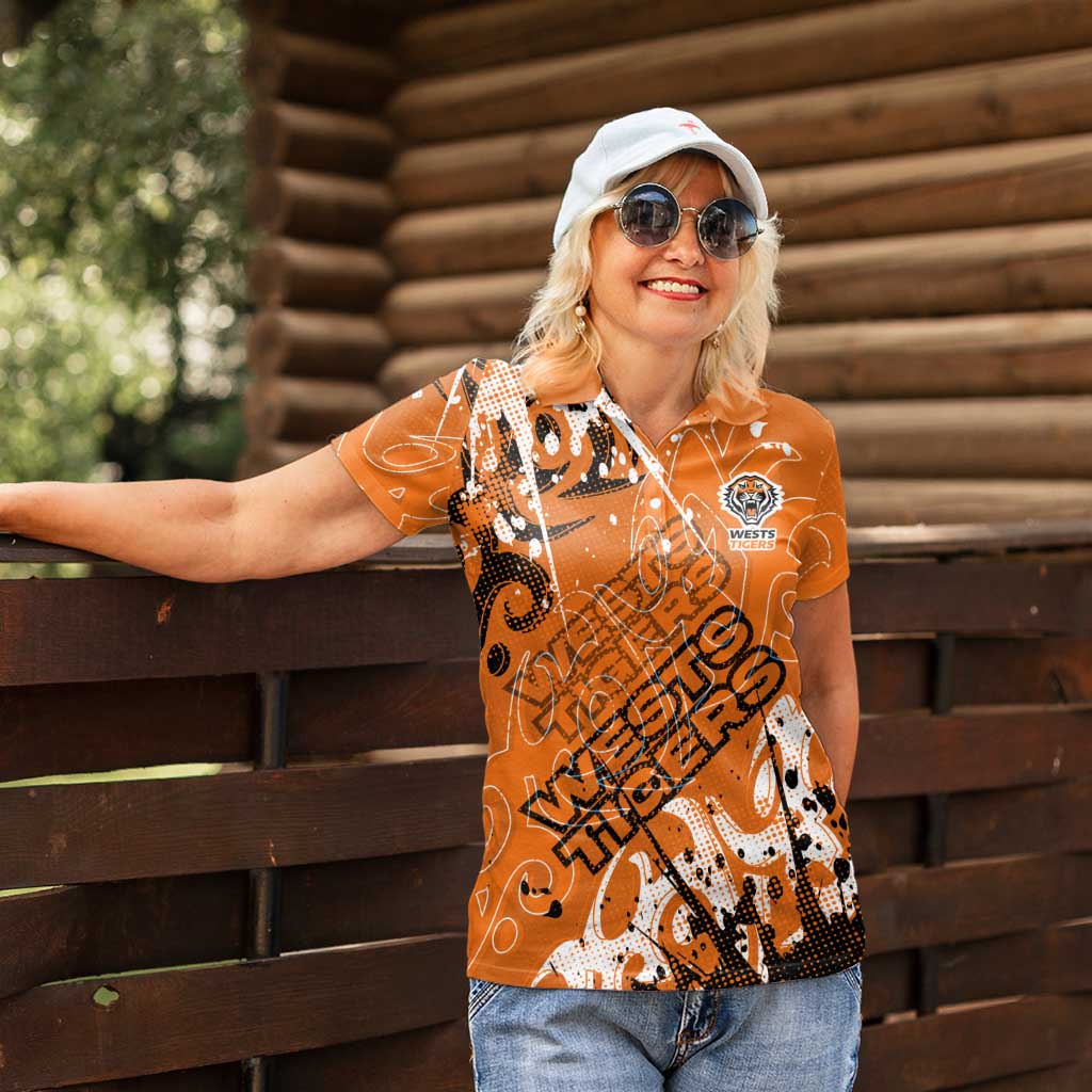 Personalized Wests Tigers Rugby Women Polo Shirt Urban Street Graffiti Style - Distressed Splatter Elements