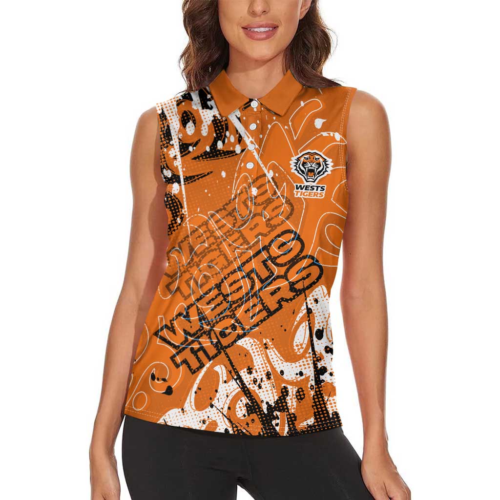 Personalized Wests Tigers Rugby Women Sleeveless Polo Shirt Urban Street Graffiti Style - Distressed Splatter Elements