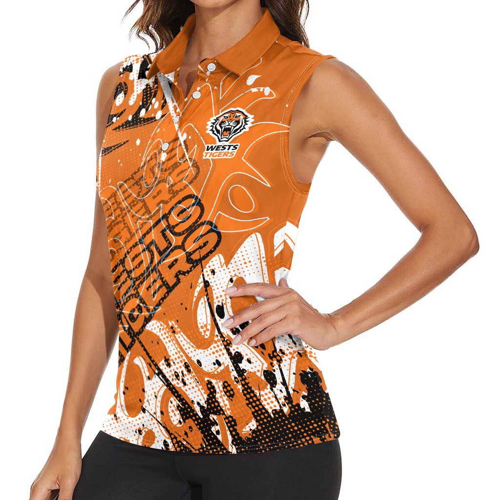 Personalized Wests Tigers Rugby Women Sleeveless Polo Shirt Urban Street Graffiti Style - Distressed Splatter Elements