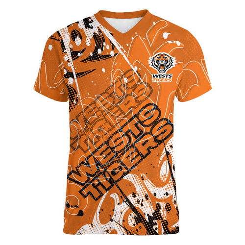 Personalized Wests Tigers Rugby Women V-Neck T-Shirt Urban Street Graffiti Style - Distressed Splatter Elements
