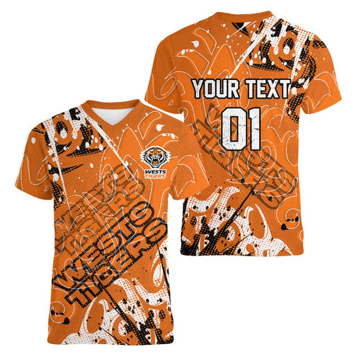 Personalized Wests Tigers Rugby Women V-Neck T-Shirt Urban Street Graffiti Style - Distressed Splatter Elements
