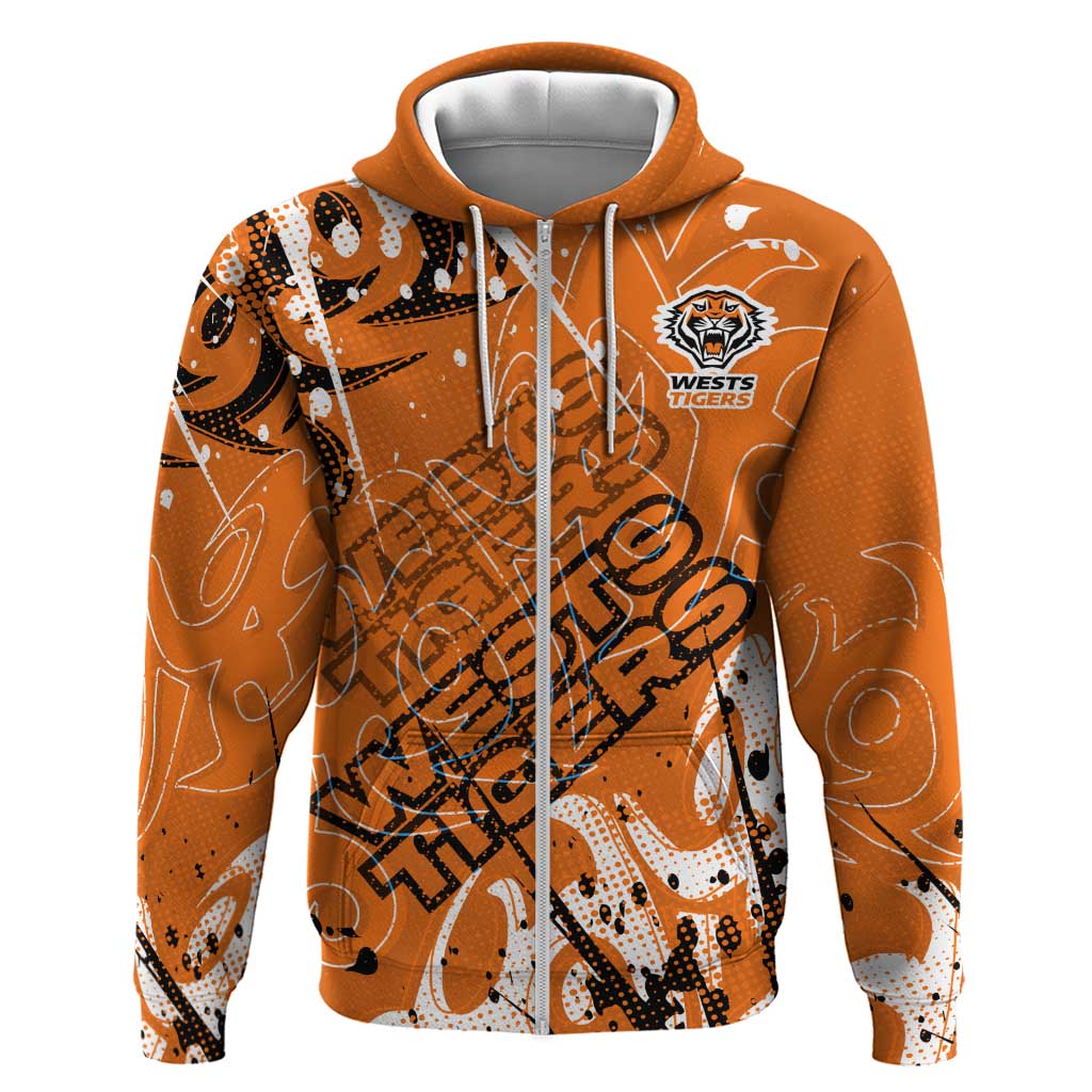 Personalized Wests Tigers Rugby Zip Hoodie Urban Street Graffiti Style - Distressed Splatter Elements