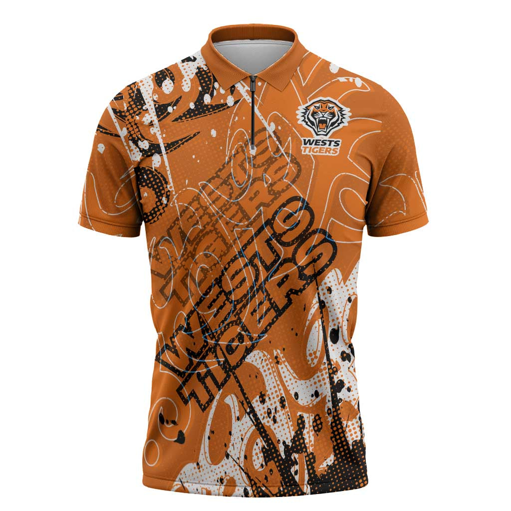 Personalized Wests Tigers Rugby Zipper Polo Shirt Urban Street Graffiti Style - Distressed Splatter Elements