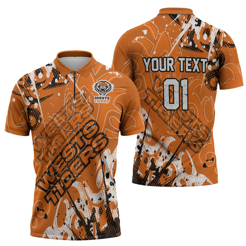 Personalized Wests Tigers Rugby Zipper Polo Shirt Urban Street Graffiti Style - Distressed Splatter Elements