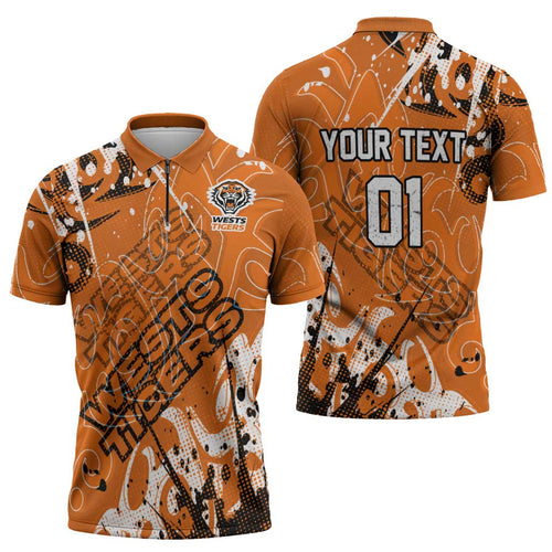 Personalized Wests Tigers Rugby Zipper Polo Shirt Urban Street Graffiti Style - Distressed Splatter Elements