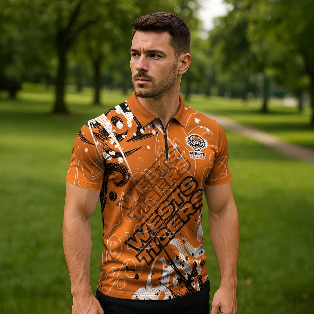 Personalized Wests Tigers Rugby Zipper Polo Shirt Urban Street Graffiti Style - Distressed Splatter Elements