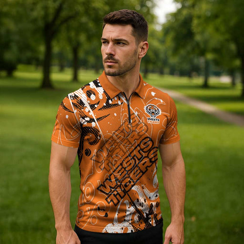 Personalized Wests Tigers Rugby Zipper Polo Shirt Urban Street Graffiti Style - Distressed Splatter Elements