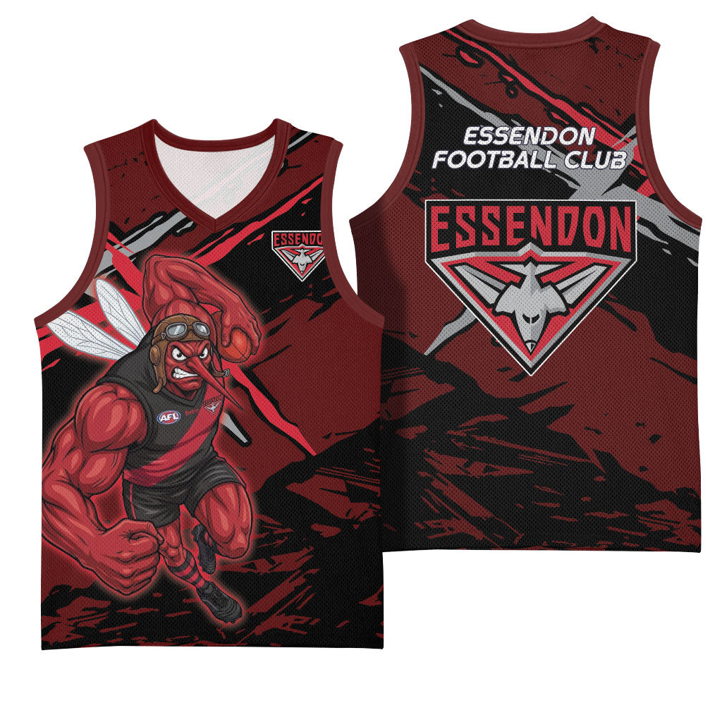 Essendon Football Club Basketball Jersey Bombers Muscular Mascot Graphic - Abstract Paint Splatter Art