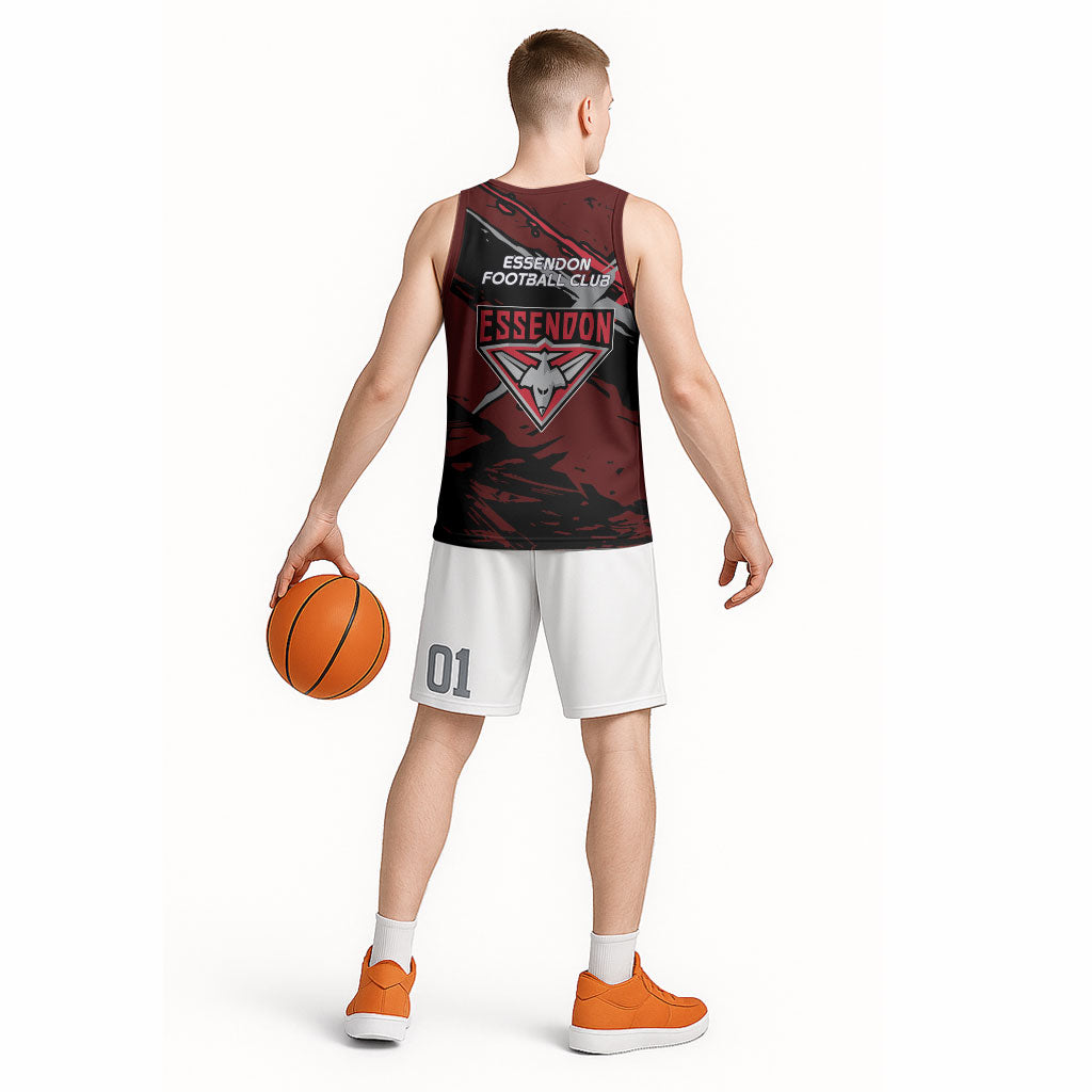 Essendon Football Club Basketball Jersey Bombers Muscular Mascot Graphic - Abstract Paint Splatter Art