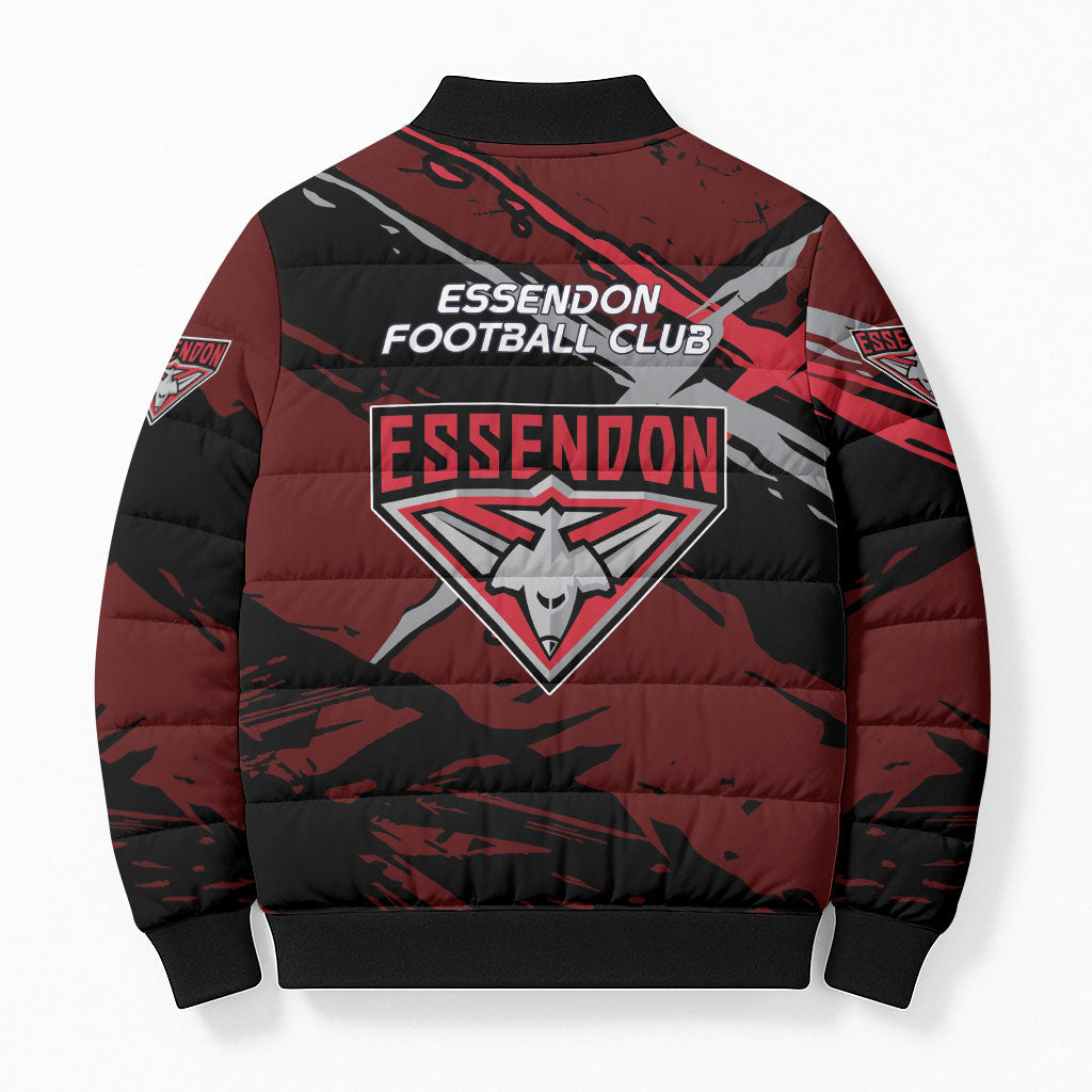 Essendon Football Club Bomber Puffer Jacket Bombers Muscular Mascot Graphic - Abstract Paint Splatter Art