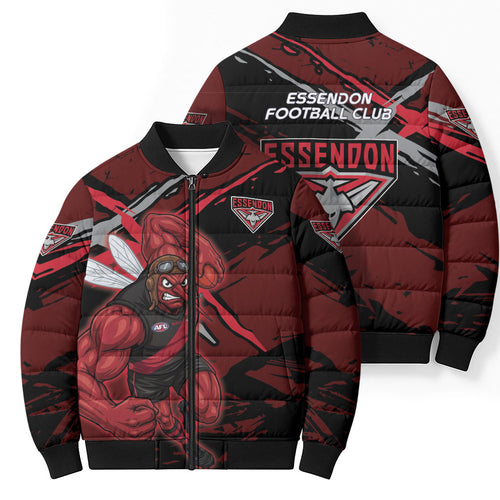 Essendon Football Club Bomber Puffer Jacket Bombers Muscular Mascot Graphic - Abstract Paint Splatter Art