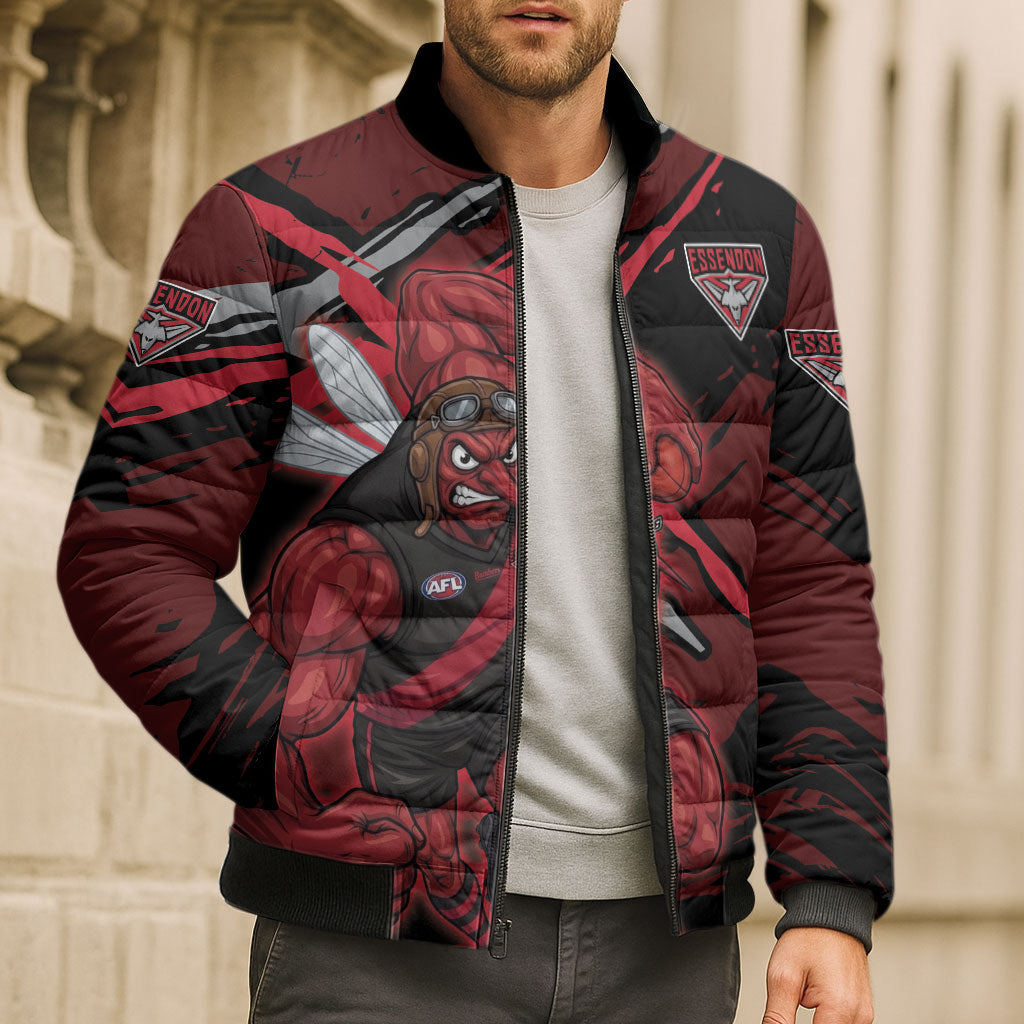 Essendon Football Club Bomber Puffer Jacket Bombers Muscular Mascot Graphic - Abstract Paint Splatter Art