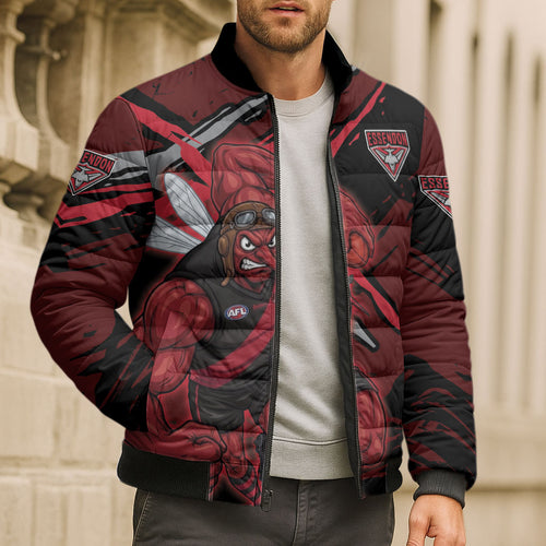 Essendon Football Club Bomber Puffer Jacket Bombers Muscular Mascot Graphic - Abstract Paint Splatter Art