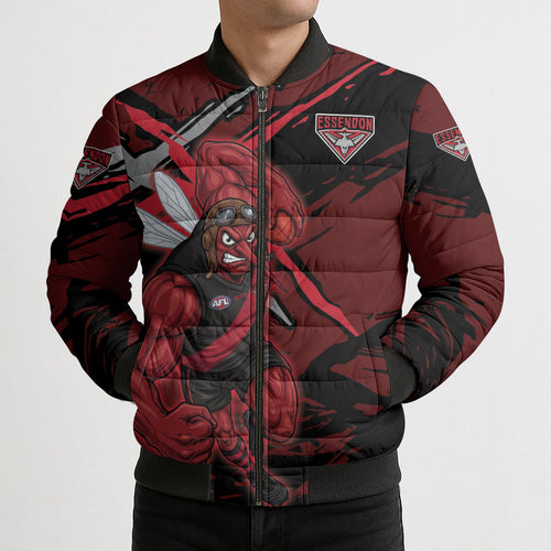Essendon Football Club Bomber Puffer Jacket Bombers Muscular Mascot Graphic - Abstract Paint Splatter Art
