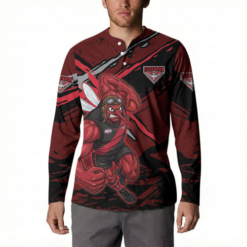Essendon Football Club Button Sweatshirt Bombers Muscular Mascot Graphic - Abstract Paint Splatter Art