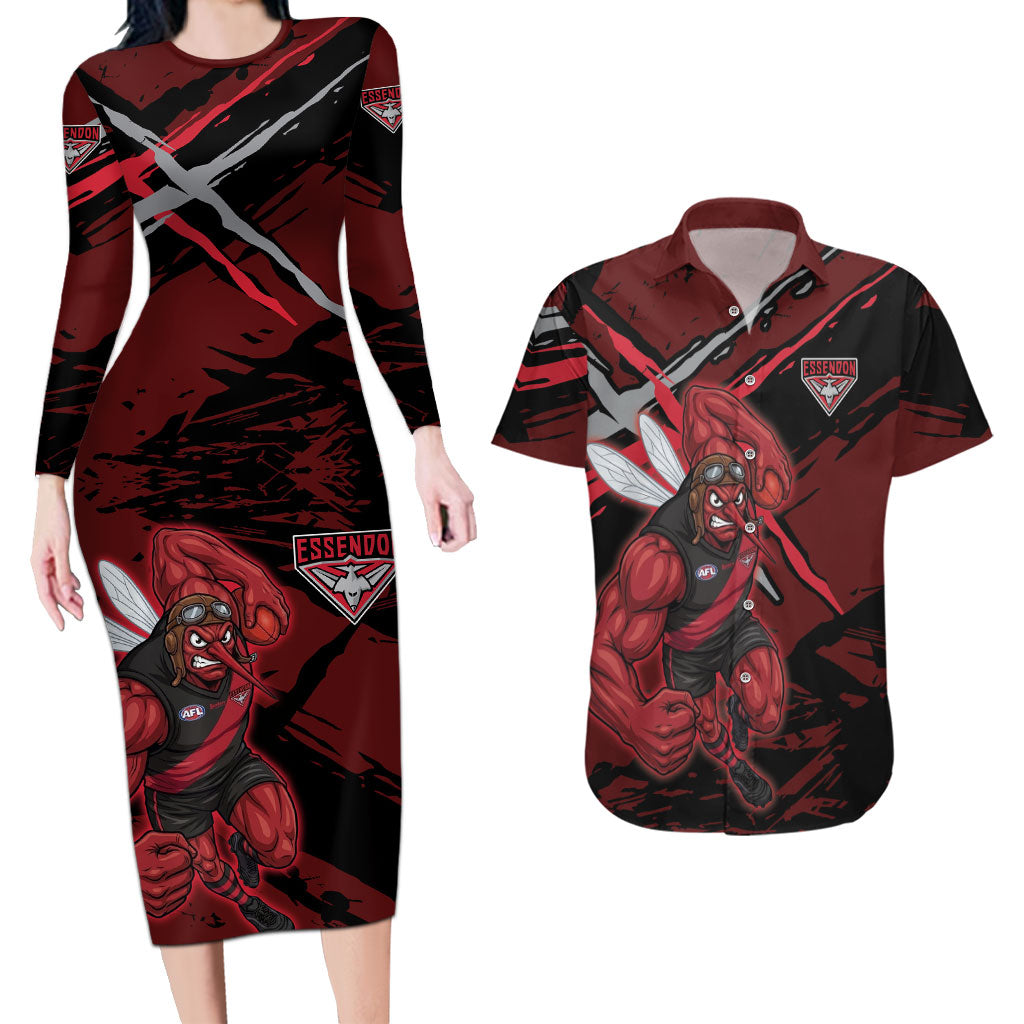 Essendon Football Club Couples Matching Long Sleeve Bodycon Dress and Hawaiian Shirt Bombers Muscular Mascot Graphic - Abstract Paint Splatter Art