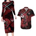 Essendon Football Club Couples Matching Long Sleeve Bodycon Dress and Hawaiian Shirt Bombers Muscular Mascot Graphic - Abstract Paint Splatter Art
