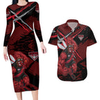 Essendon Football Club Couples Matching Long Sleeve Bodycon Dress and Hawaiian Shirt Bombers Muscular Mascot Graphic - Abstract Paint Splatter Art