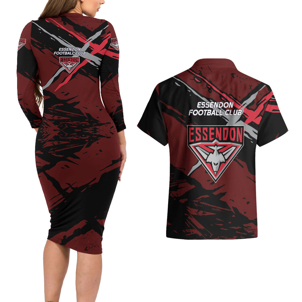 Essendon Football Club Couples Matching Long Sleeve Bodycon Dress and Hawaiian Shirt Bombers Muscular Mascot Graphic - Abstract Paint Splatter Art