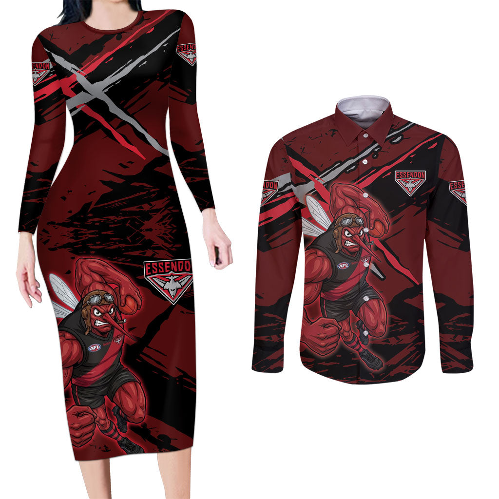 Essendon Football Club Couples Matching Long Sleeve Bodycon Dress and Long Sleeve Button Shirt Bombers Muscular Mascot Graphic - Abstract Paint Splatter Art