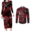 Essendon Football Club Couples Matching Long Sleeve Bodycon Dress and Long Sleeve Button Shirt Bombers Muscular Mascot Graphic - Abstract Paint Splatter Art