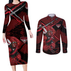 Essendon Football Club Couples Matching Long Sleeve Bodycon Dress and Long Sleeve Button Shirt Bombers Muscular Mascot Graphic - Abstract Paint Splatter Art