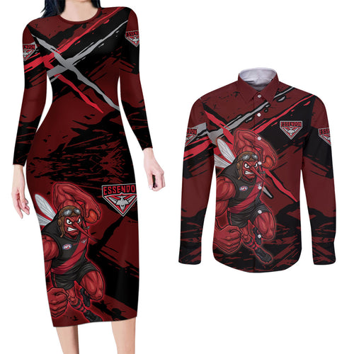 Essendon Football Club Couples Matching Long Sleeve Bodycon Dress and Long Sleeve Button Shirt Bombers Muscular Mascot Graphic - Abstract Paint Splatter Art