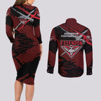 Essendon Football Club Couples Matching Long Sleeve Bodycon Dress and Long Sleeve Button Shirt Bombers Muscular Mascot Graphic - Abstract Paint Splatter Art