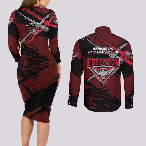Essendon Football Club Couples Matching Long Sleeve Bodycon Dress and Long Sleeve Button Shirt Bombers Muscular Mascot Graphic - Abstract Paint Splatter Art