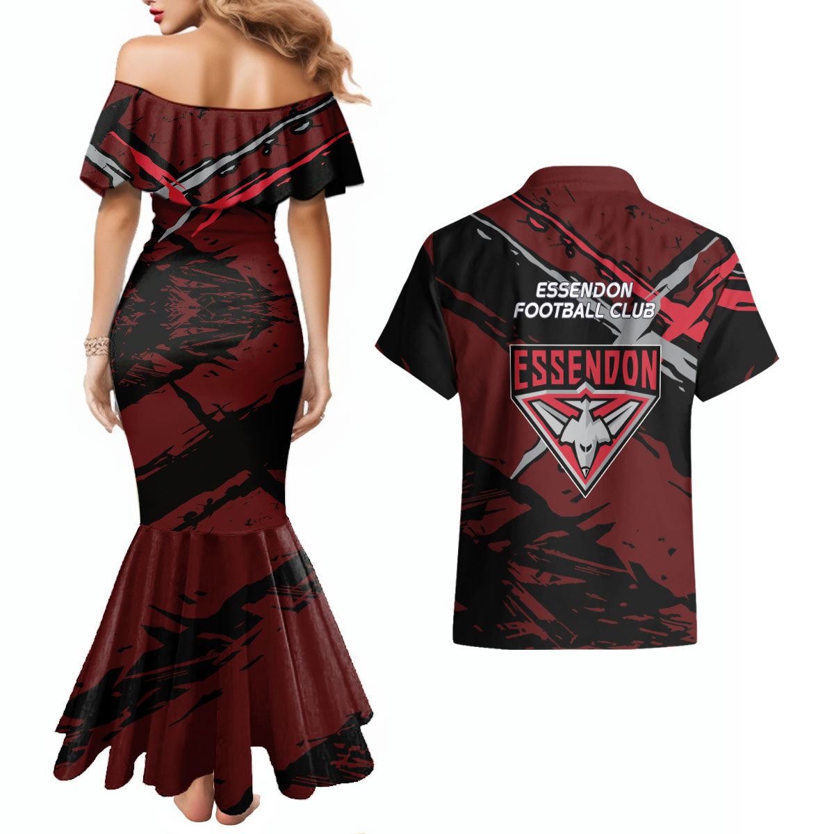 Essendon Football Club Couples Matching Mermaid Dress and Hawaiian Shirt Bombers Muscular Mascot Graphic - Abstract Paint Splatter Art