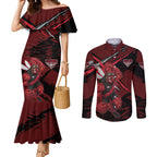 Essendon Football Club Couples Matching Mermaid Dress and Long Sleeve Button Shirt Bombers Muscular Mascot Graphic - Abstract Paint Splatter Art