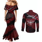 Essendon Football Club Couples Matching Mermaid Dress and Long Sleeve Button Shirt Bombers Muscular Mascot Graphic - Abstract Paint Splatter Art