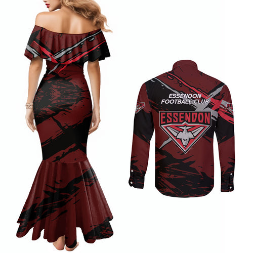 Essendon Football Club Couples Matching Mermaid Dress and Long Sleeve Button Shirt Bombers Muscular Mascot Graphic - Abstract Paint Splatter Art
