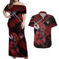 Essendon Football Club Couples Matching Off Shoulder Maxi Dress and Hawaiian Shirt Bombers Muscular Mascot Graphic - Abstract Paint Splatter Art