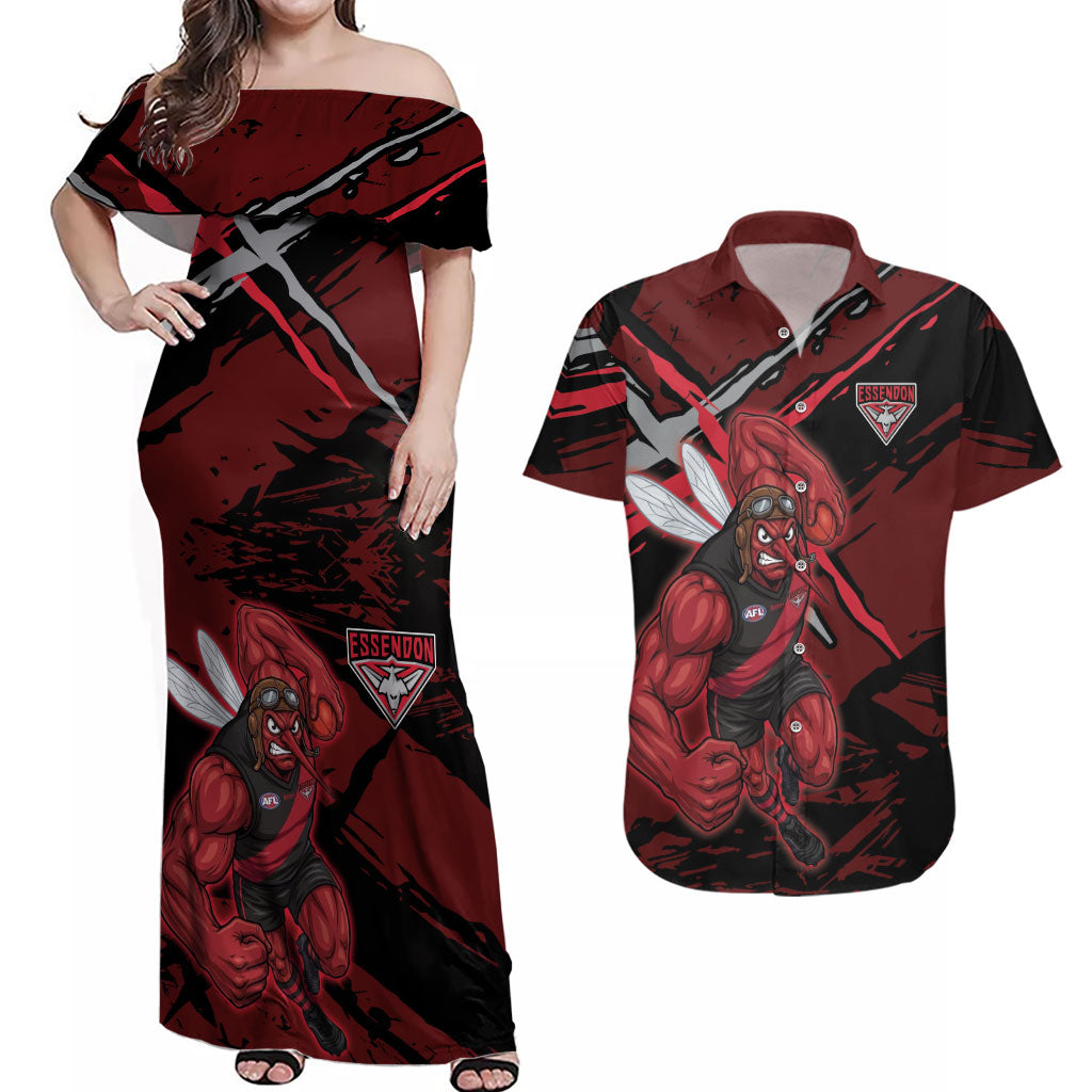 Essendon Football Club Couples Matching Off Shoulder Maxi Dress and Hawaiian Shirt Bombers Muscular Mascot Graphic - Abstract Paint Splatter Art