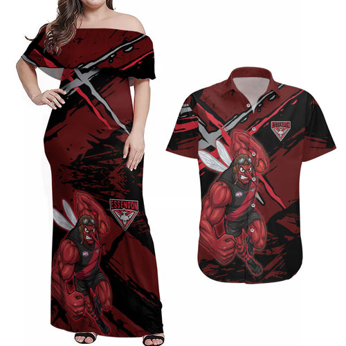 Essendon Football Club Couples Matching Off Shoulder Maxi Dress and Hawaiian Shirt Bombers Muscular Mascot Graphic - Abstract Paint Splatter Art