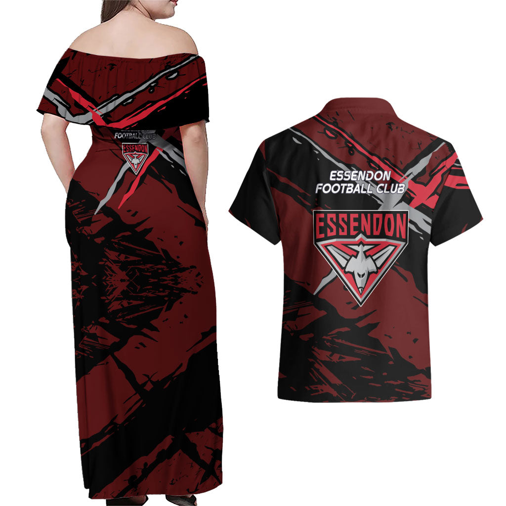 Essendon Football Club Couples Matching Off Shoulder Maxi Dress and Hawaiian Shirt Bombers Muscular Mascot Graphic - Abstract Paint Splatter Art