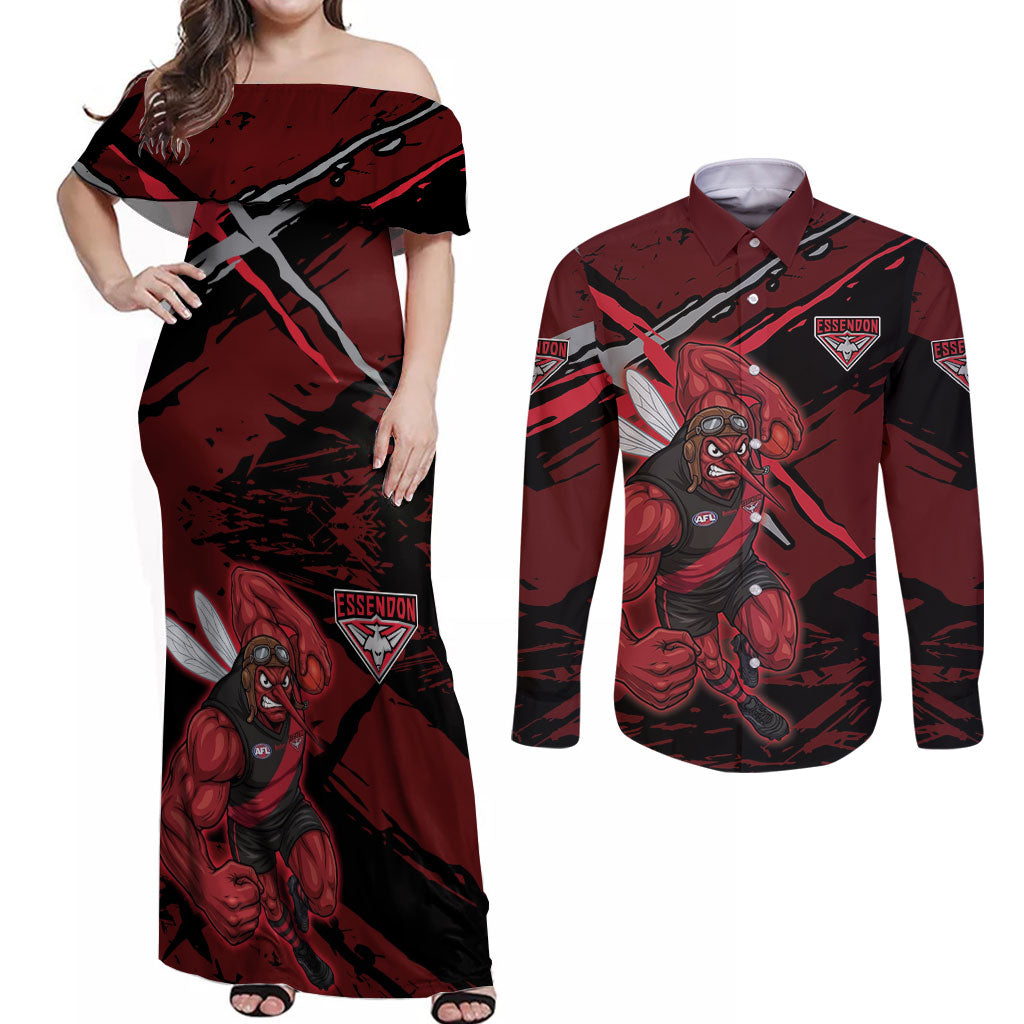 Essendon Football Club Couples Matching Off Shoulder Maxi Dress and Long Sleeve Button Shirt Bombers Muscular Mascot Graphic - Abstract Paint Splatter Art