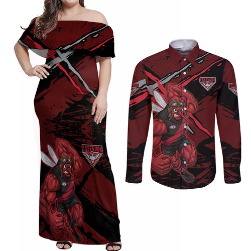 Essendon Football Club Couples Matching Off Shoulder Maxi Dress and Long Sleeve Button Shirt Bombers Muscular Mascot Graphic - Abstract Paint Splatter Art