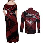 Essendon Football Club Couples Matching Off Shoulder Maxi Dress and Long Sleeve Button Shirt Bombers Muscular Mascot Graphic - Abstract Paint Splatter Art