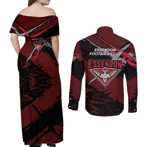 Essendon Football Club Couples Matching Off Shoulder Maxi Dress and Long Sleeve Button Shirt Bombers Muscular Mascot Graphic - Abstract Paint Splatter Art