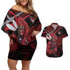 Essendon Football Club Couples Matching Off Shoulder Short Dress and Hawaiian Shirt Bombers Muscular Mascot Graphic - Abstract Paint Splatter Art
