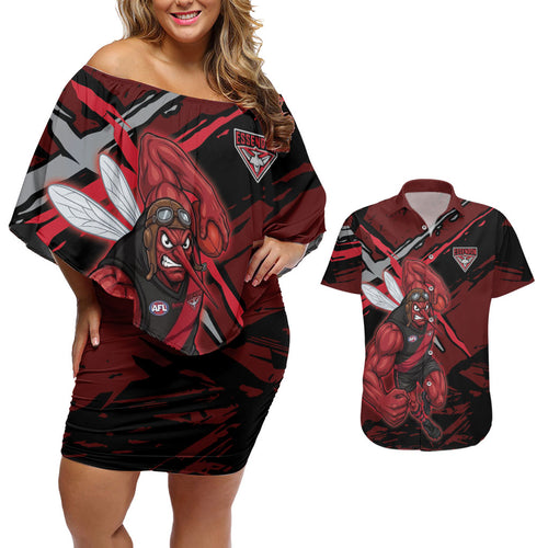 Essendon Football Club Couples Matching Off Shoulder Short Dress and Hawaiian Shirt Bombers Muscular Mascot Graphic - Abstract Paint Splatter Art