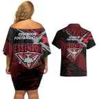 Essendon Football Club Couples Matching Off Shoulder Short Dress and Hawaiian Shirt Bombers Muscular Mascot Graphic - Abstract Paint Splatter Art