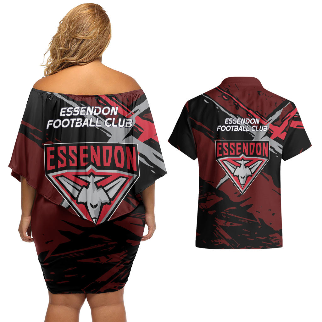 Essendon Football Club Couples Matching Off Shoulder Short Dress and Hawaiian Shirt Bombers Muscular Mascot Graphic - Abstract Paint Splatter Art